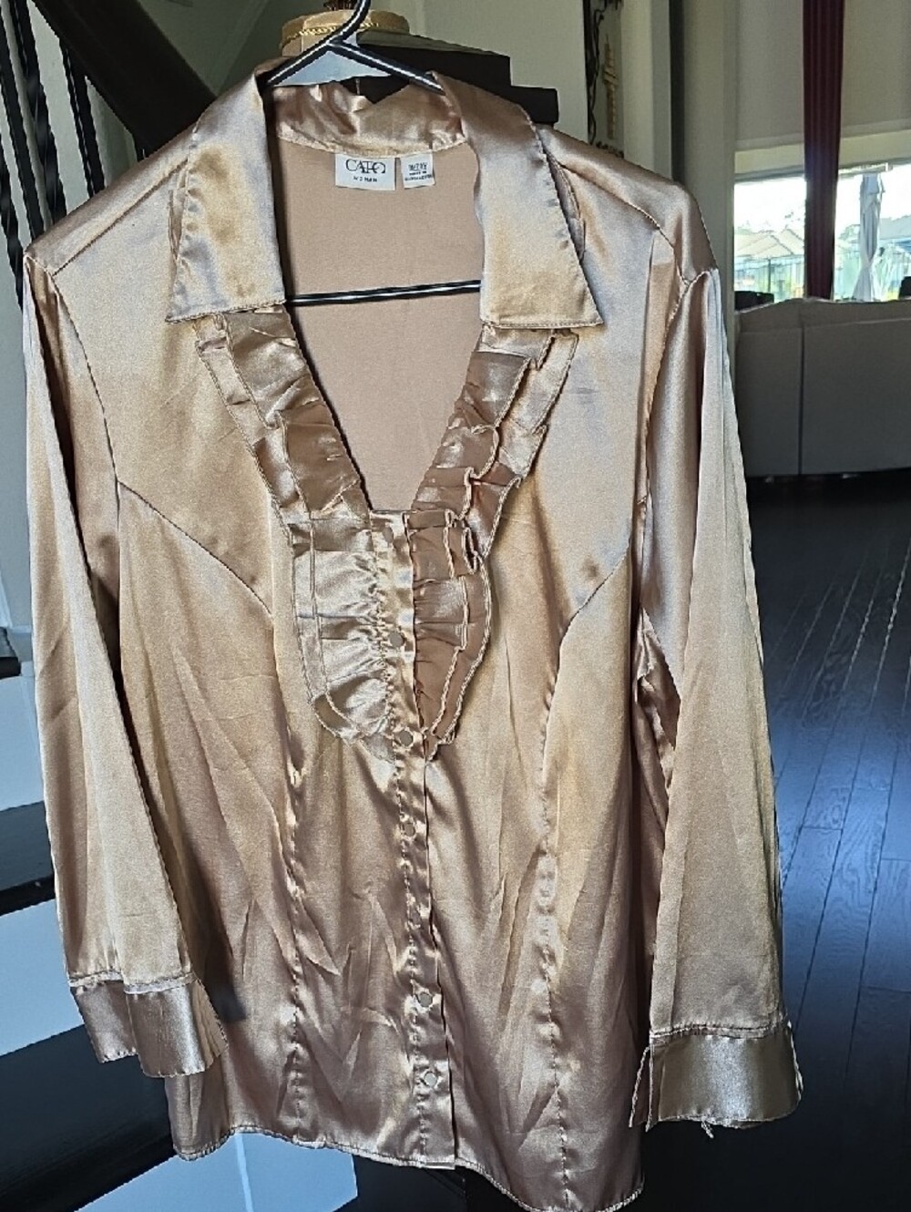Cato Shimmery Gold Ruffle-Front Satin Blouse - Picture 10 of 13